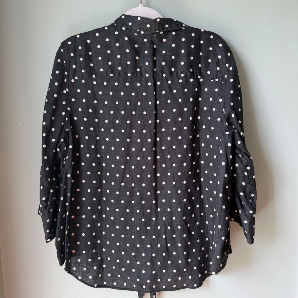 Chico's No-Iron 100% Linen Button Up Shirt Black White Polka Dot Tie Front 3 XL - Picture 7 of 12
